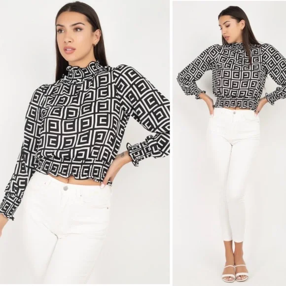 Geo black and white top with mock neck - Picture 4 of 9